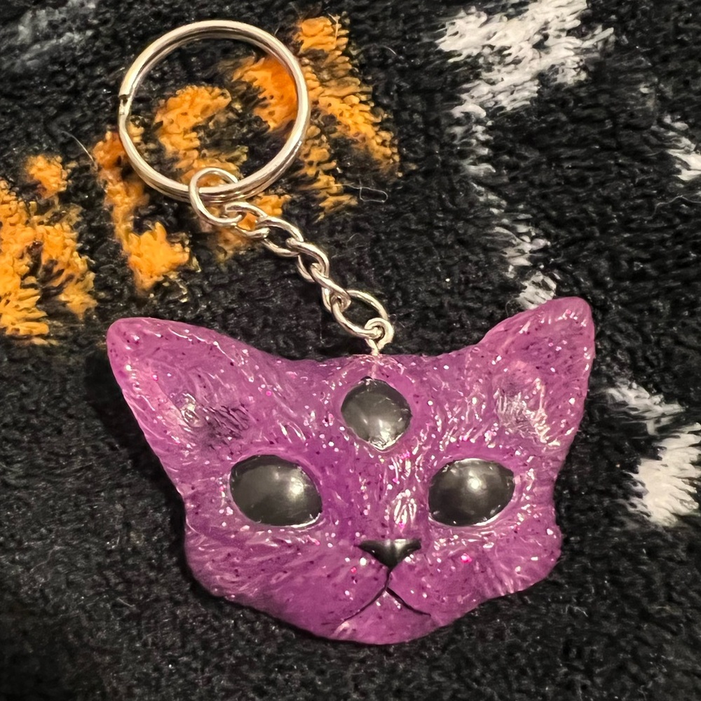 Purple and Black Third Eye Cat Keychain